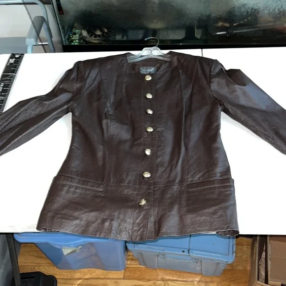 Spiegal size 14 brown leather jacket gold buttons pockets - Picture 12 of 12